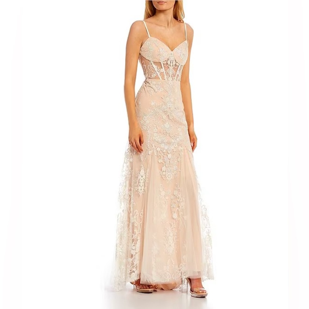 Blondie Nites Corset Illusion Embellished Lace Long Dress